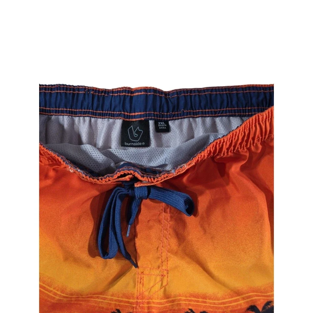 Burnside Mens 2XL Board Shorts Hawaiian Sunset Palm Tree Print Zip Pocket Blue